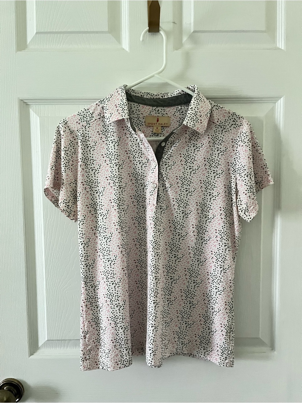 Sport Haley Pink & Black Dot White Polo Shirt - Women's Short Sleeve